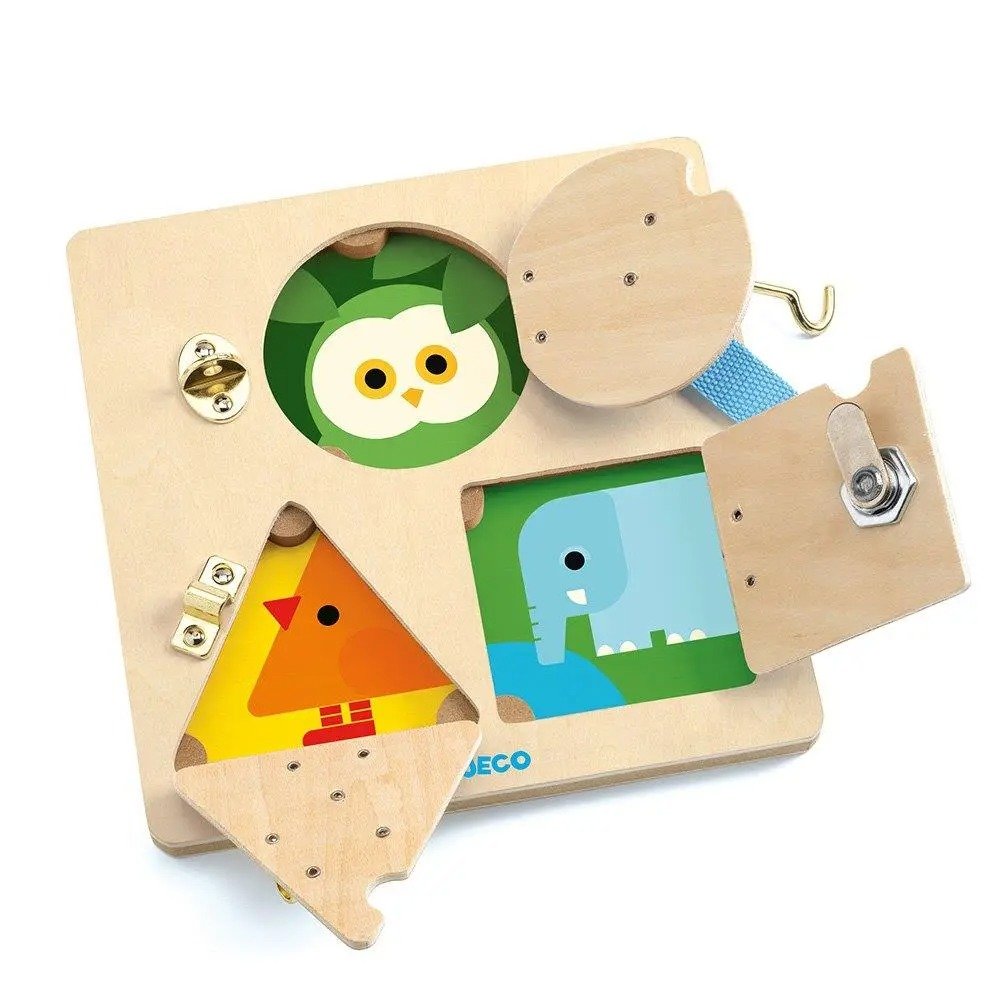 Djeco LockBasic Ξύλινο Ταμπλό με 3 Μεταλλικές Κλειδαριές & Ζωάκια 3+ - Image 2