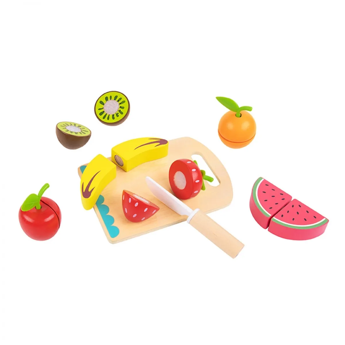 Tooky Toy Ξύλινος Δίσκος Κοπής με Μαχαίρι & Φρούτα